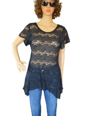 Vintage y2k Shannon Ford Black Lace Handkerchief Hem Sheer Blouse Large Junior's